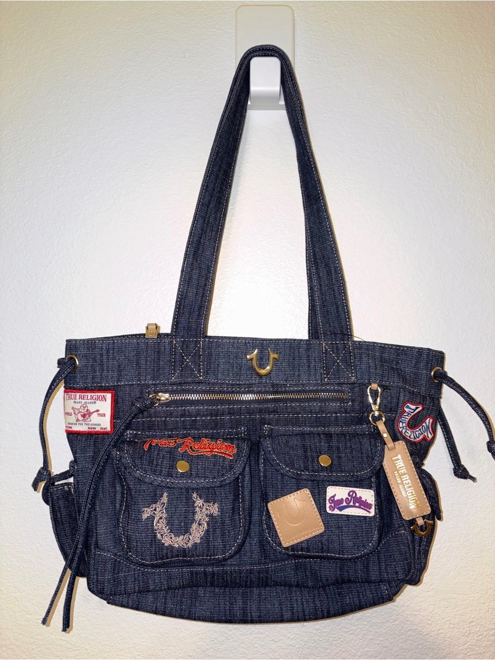 NWT True Religion Dark Wash Denim Cargo Pocket Tote Bag Blue Y2K Patchwork